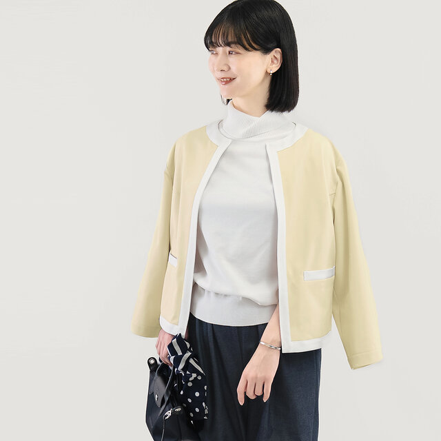 これだけで整う｜洗えるノーカラージャケット バイカラー ブルー｜通勤