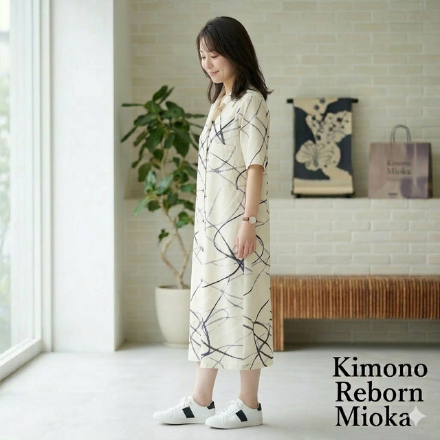 KR-10【1点物】着物リメイク・シャツワンピース / モダンな幾何学模様