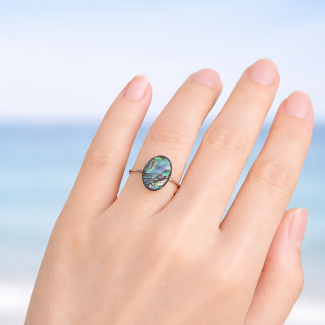 ハワイアンデザイン　ハンドメイド　アバロンシェル　925リング　フリーサイズ 海の虹☆アバロンシェルのフリーサイズ・カボションリング・サージカル