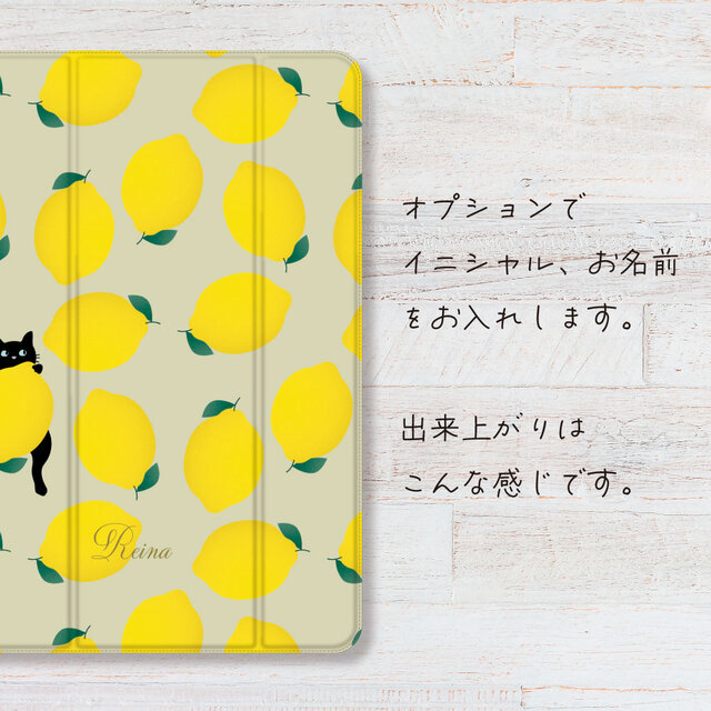 レモン と 黒猫 イラスト iPadケース ペン収納 軽量 背面クリア あい