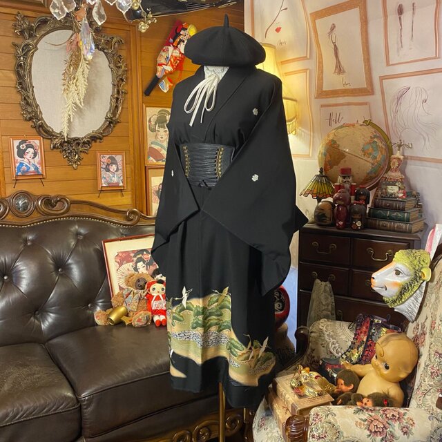 黒留袖 着物 リメイク ワンピース ドレス 和洋折衷 洗える 化繊 漆黒の