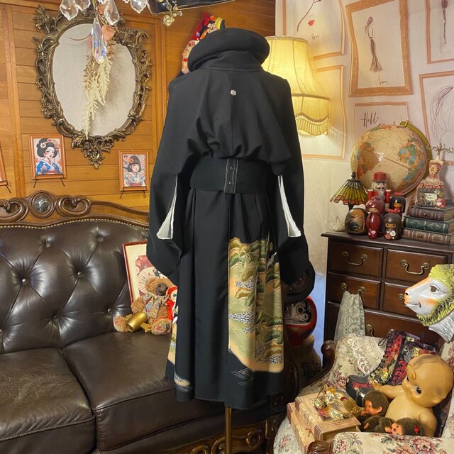 黒留袖 着物 リメイク ワンピース ドレス 和洋折衷 洗える 化繊 漆黒の