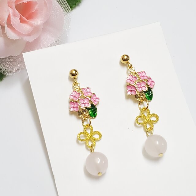 ローズクォーツ×桜ピンクの花チャーム＊ピアス＊恋愛＊大人可愛い＊春