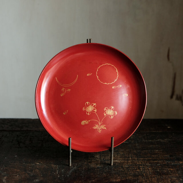 特価¥2200→￥1000】草花と月◇古輪島塗 花月文漆芸沈金中皿 漆器 骨董