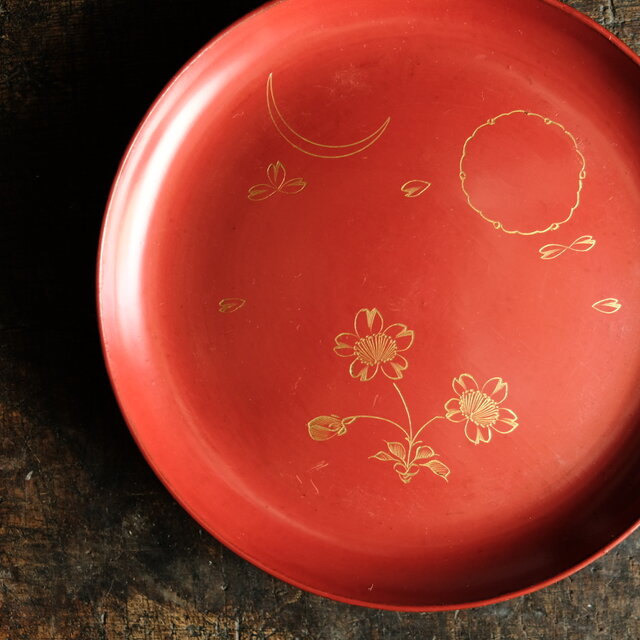 特価¥2200→￥1000】草花と月◇古輪島塗 花月文漆芸沈金中皿 漆器 骨董