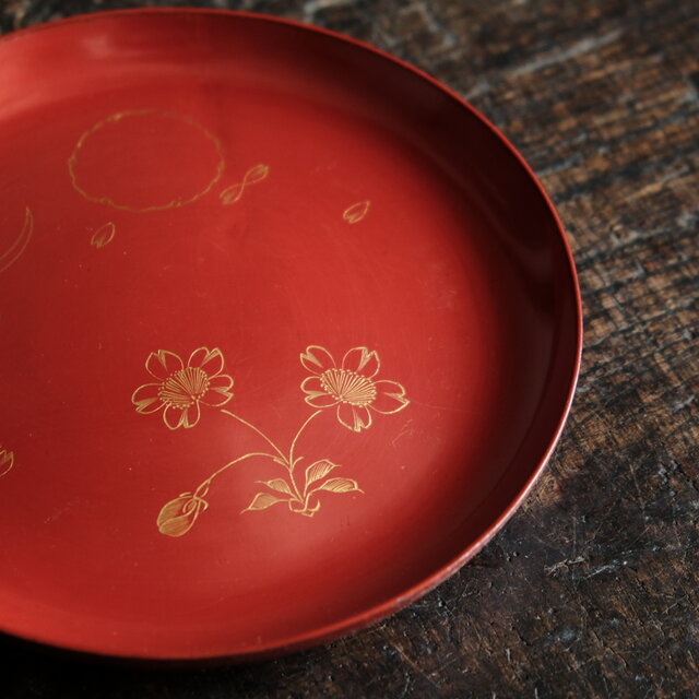 特価¥2200→￥1000】草花と月◇古輪島塗 花月文漆芸沈金中皿 漆器 骨董