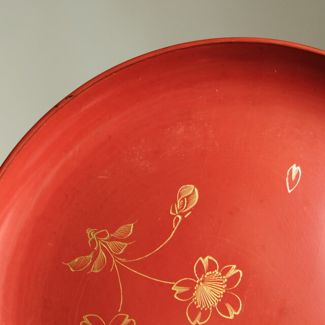 特価¥2200→￥1000】草花と月◇古輪島塗 花月文漆芸沈金中皿 漆器 骨董