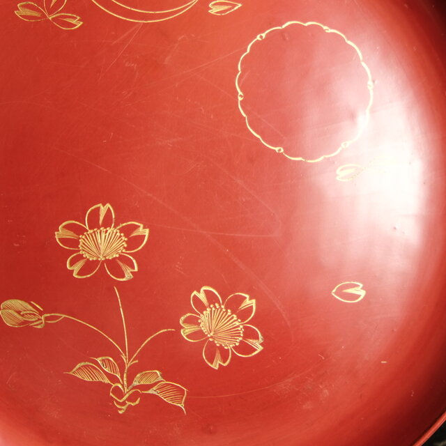特価¥2200→￥1000】草花と月◇古輪島塗 花月文漆芸沈金中皿 漆器 骨董