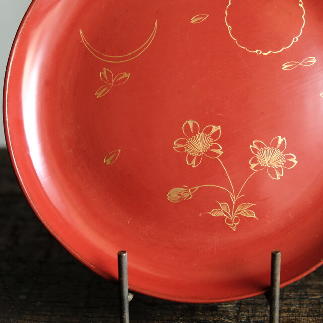 特価¥2200→￥1000】草花と月◇古輪島塗 花月文漆芸沈金中皿 漆器 骨董