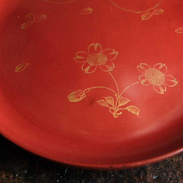 特価¥2200→￥1000】草花と月◇古輪島塗 花月文漆芸沈金中皿 漆器 骨董