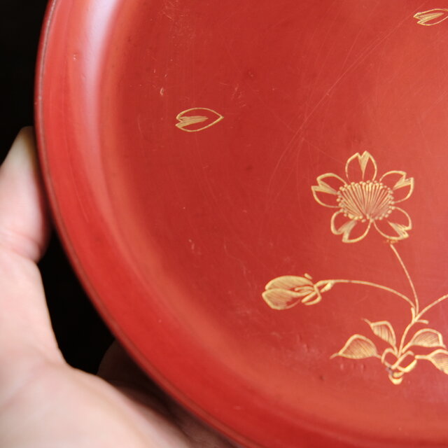 特価¥2200→￥1000】草花と月◇古輪島塗 花月文漆芸沈金中皿 漆器 骨董