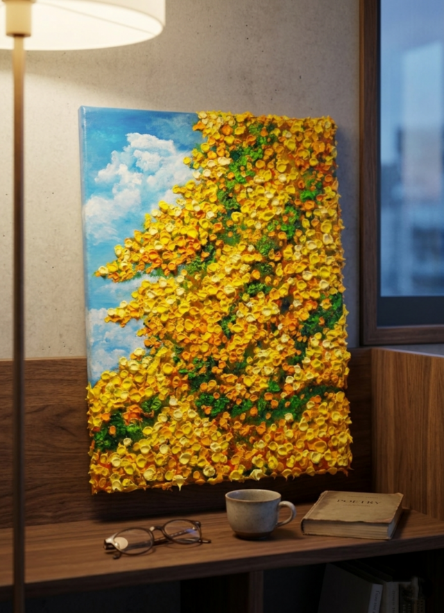 F4号お部屋に春の光を。油絵【風とはずむミモザ】玄関やリビングを彩る