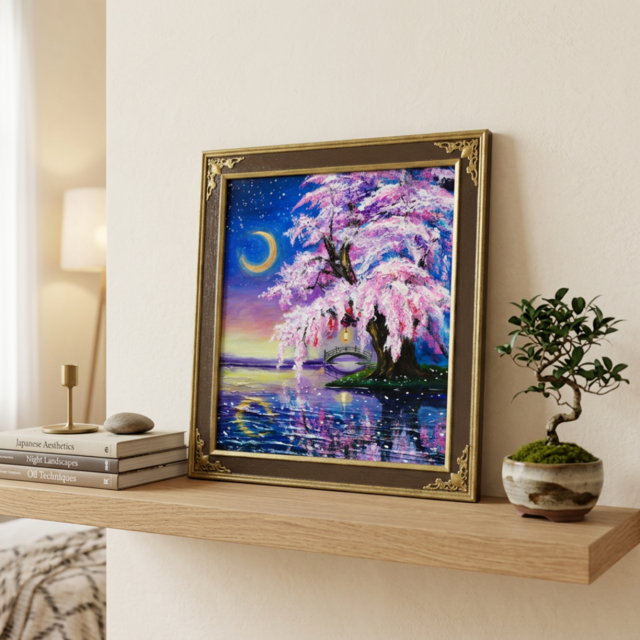 一点物｜油絵「月光に眠る夜桜」月明かりに照らされた桜の原画