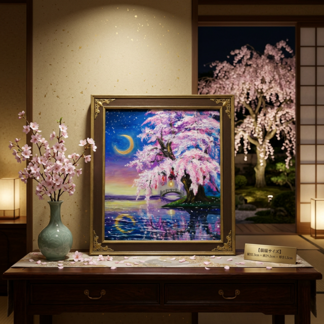一点物｜油絵「月光に眠る夜桜」月明かりに照らされた桜の原画