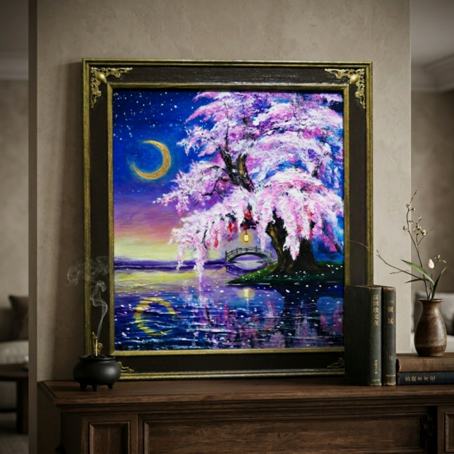 一点物｜油絵「月光に眠る夜桜」月明かりに照らされた桜の原画