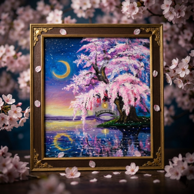夜の気配 / 油絵・原画 一点物｜油絵「月光に眠る夜桜」月明かりに照らされた桜の原画