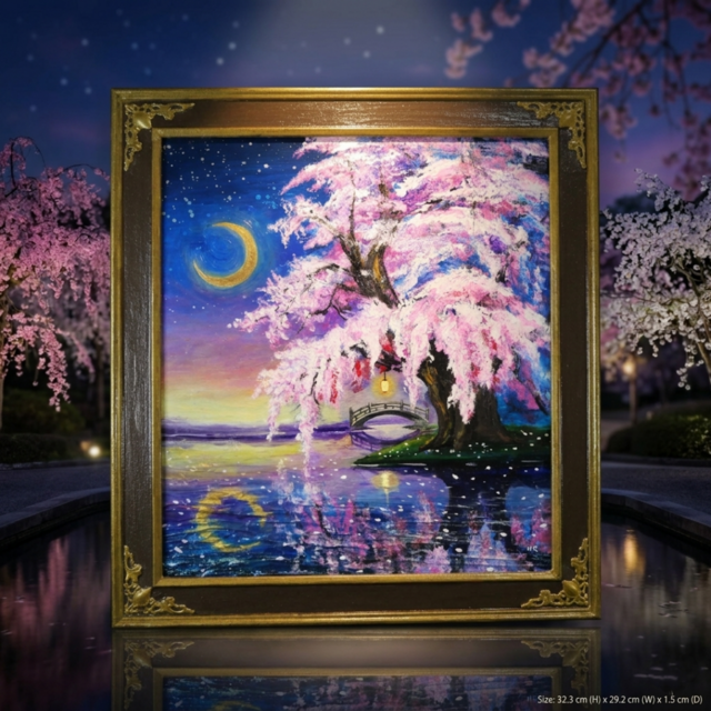 一点物｜油絵「月光に眠る夜桜」月明かりに照らされた桜の原画
