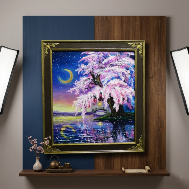 一点物｜油絵「月光に眠る夜桜」月明かりに照らされた桜の原画