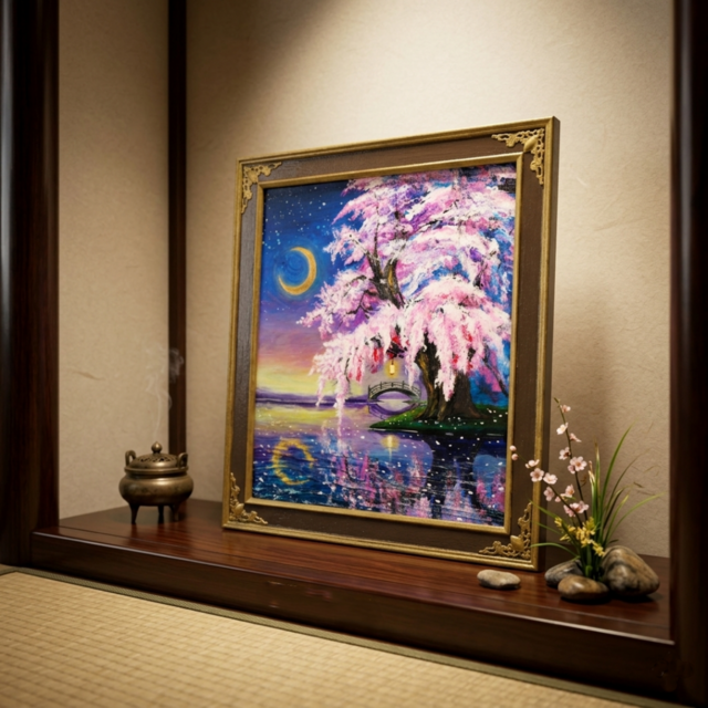 一点物｜油絵「月光に眠る夜桜」月明かりに照らされた桜の原画
