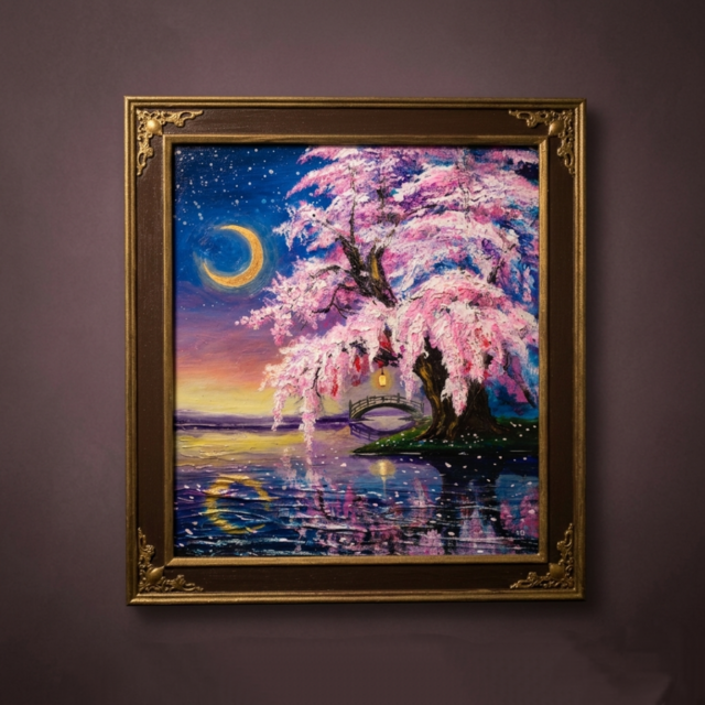 女神 絵画 原画 油絵 スクエア 癒し アート 光　ピンク ネオン　インテリア 一点物｜油絵「月光に眠る夜桜」月明かりに照らされた桜の原画