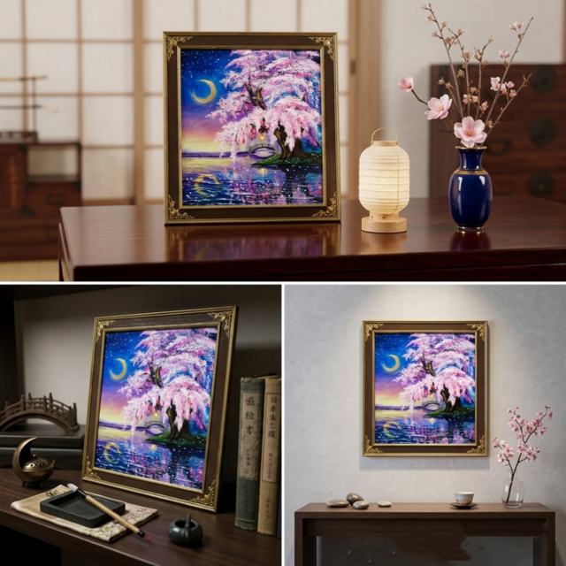 一点物｜油絵「月光に眠る夜桜」月明かりに照らされた桜の原画
