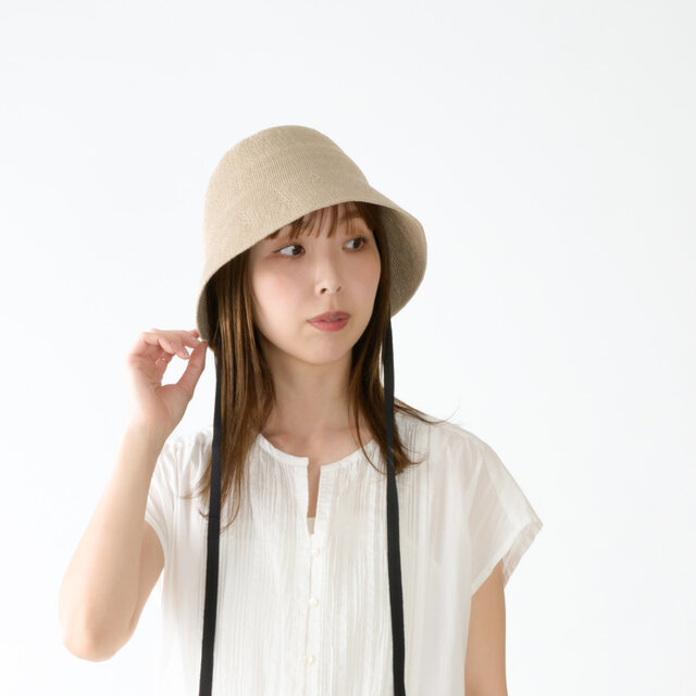 YUZUKI ユズキ 麻ニットのロングリボン バケットハット ベージュ [YO