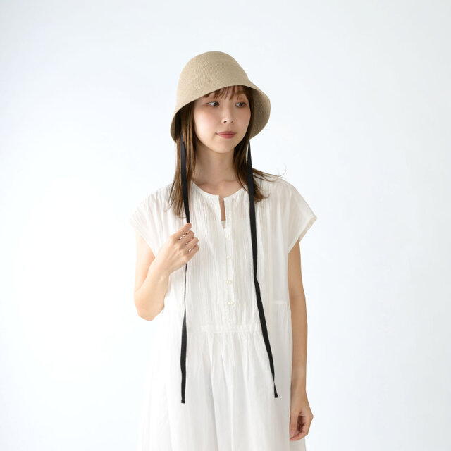 YUZUKI ユズキ 麻ニットのロングリボン バケットハット ベージュ [YO