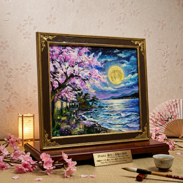 原画】月下美桜｜油彩画 桜 幻想的な夜の風景画 ギフト インテリア