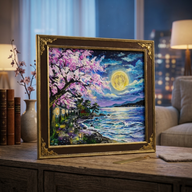 原画】月下美桜｜油彩画 桜 幻想的な夜の風景画 ギフト インテリア