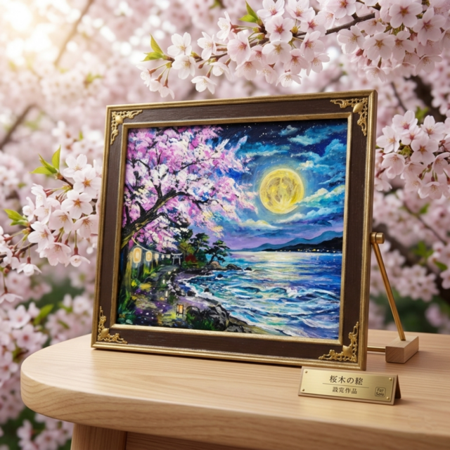 原画】月下美桜｜油彩画 桜 幻想的な夜の風景画 ギフト インテリア