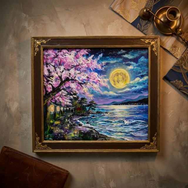 原画】月下美桜｜油彩画 桜 幻想的な夜の風景画 ギフト インテリア