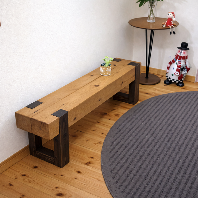 アンティーク 無垢材 引出し付　スツール　ベンチ　花台 横幅118cm】無垢材のどっしり木製ベンチ｜花台・ディスプレイ台にも