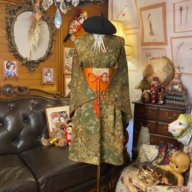 着物リメイク ミニミディワンピース／ドレス／洗える化繊 名古屋帯 苔