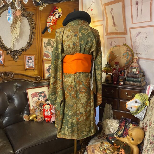 着物リメイク ミニミディワンピース／ドレス／洗える化繊 名古屋帯 苔