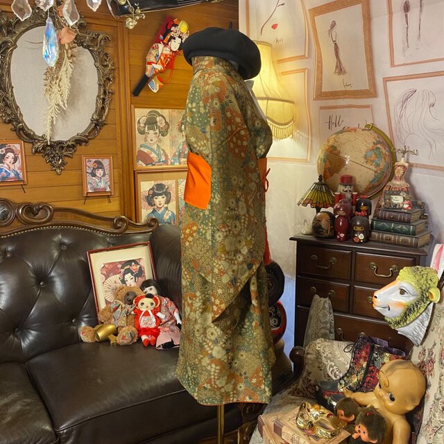 着物リメイク ミニミディワンピース／ドレス／洗える化繊 名古屋帯 苔