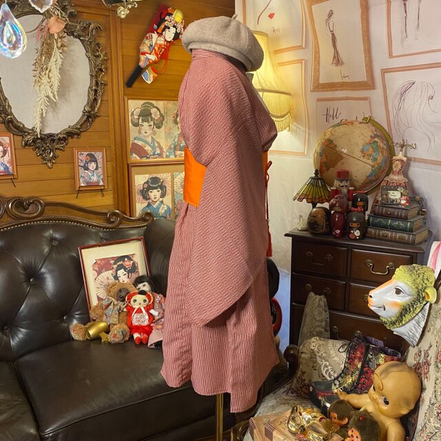 単衣着物リメイク  ミニミディ ワンピース／ドレス／洗える化繊 帯サッシュベルト 茜 × 垂直の竹林 KW-1330 和洋折衷 着物 リメイク ワンピース ドレス 洗える 化繊 帯サッシュ