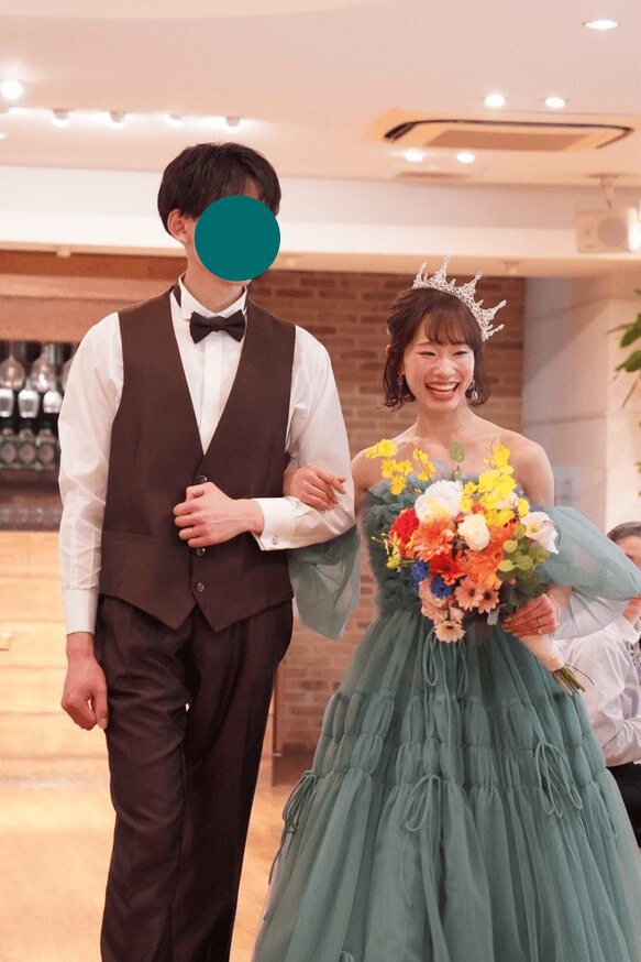 実例写真！カラードレス ミントグリーン ベアトップ 取り外し袖 ロング