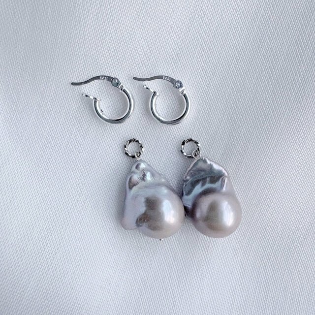 一点もの 2way【Silver925】大粒グレーバロック真珠パールフープピアス