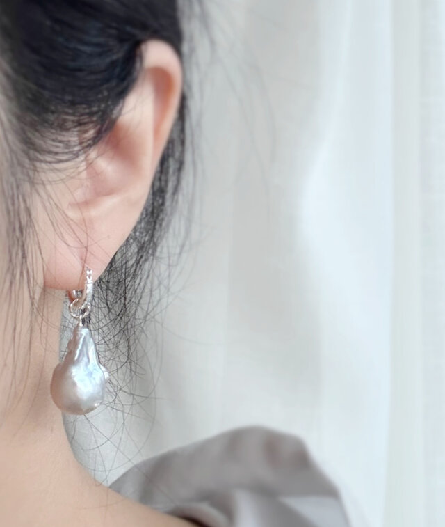 一点もの 2way【Silver925】大粒グレーバロック真珠パールフープピアス