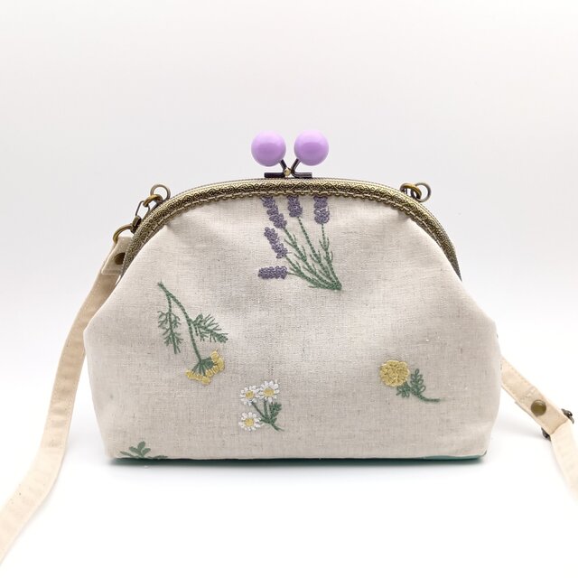 草花刺繍 がま口ショルダーバッグ ポシェット 20.5cm口金 生成 676