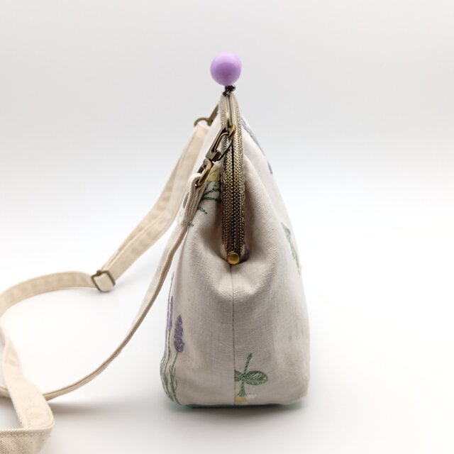 草花刺繍 がま口ショルダーバッグ ポシェット 20.5cm口金 生成 676