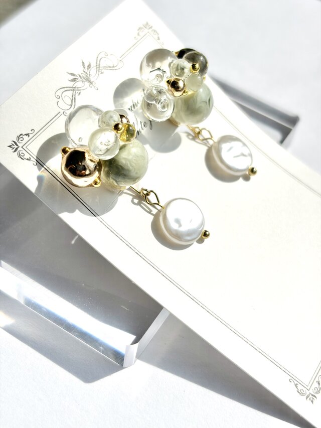 若葉雫|グリーンアクセサリー/パールピアス,/レジンピアス/大人可愛い