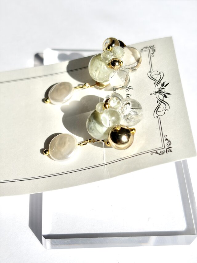 若葉雫|グリーンアクセサリー/パールピアス,/レジンピアス/大人可愛い