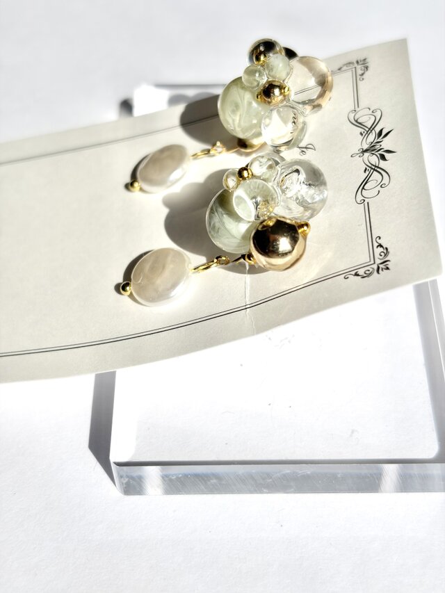 若葉雫|グリーンアクセサリー/パールピアス,/レジンピアス/大人可愛い