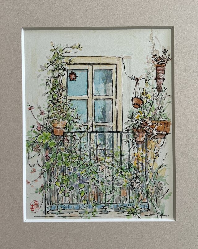古い水彩画 額付き 楽しい窓辺（水彩画、原画、スペイン、額付き） | iichi 日々の暮らし