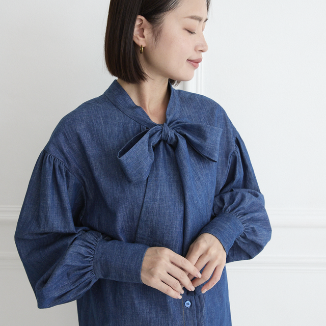 極美品 CABaN コットンシャンブレーボウタイブラウス 前後2Way 大人の 