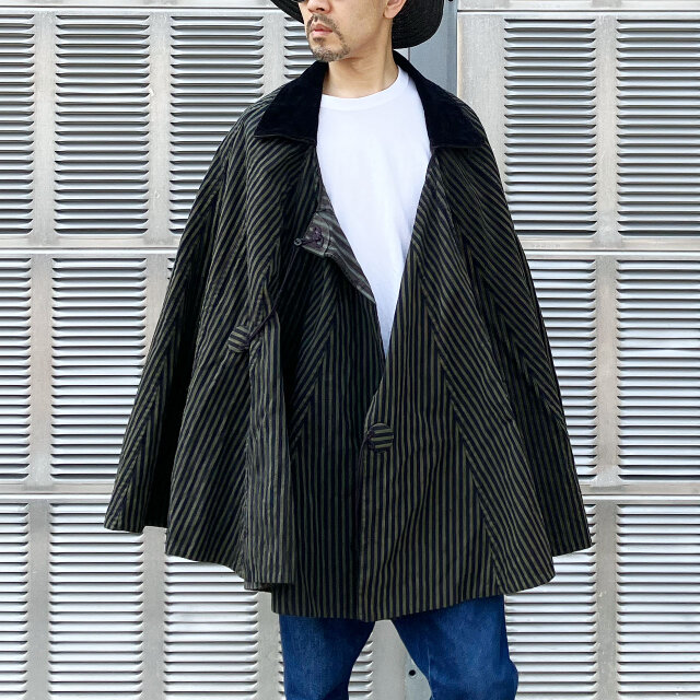 道中合羽 明治〜大正 ジャパンヴィンテージ｜木綿 縞模様 古布