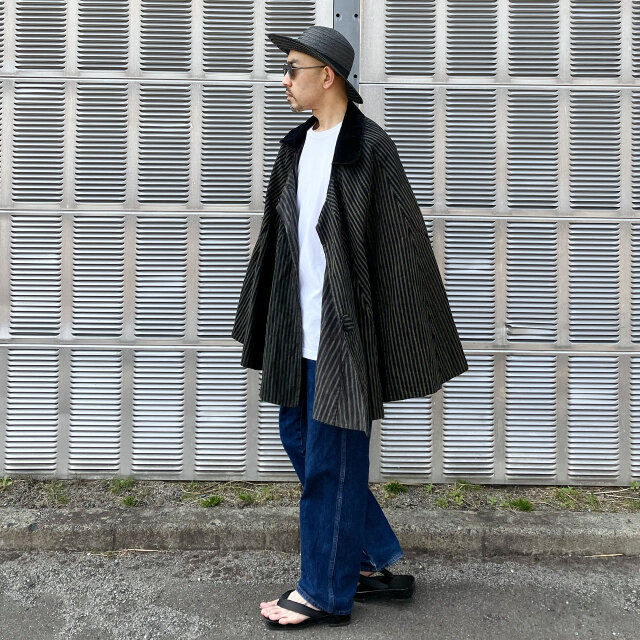 道中合羽 明治〜大正 ジャパンヴィンテージ｜木綿 縞模様 古布