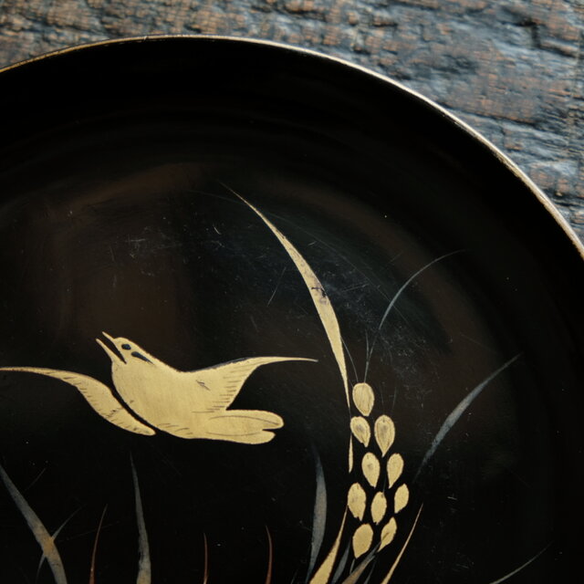 特価¥1500→¥950】鳥と稲穂◇味のあるお品物。時代物 漆芸蒔絵中皿