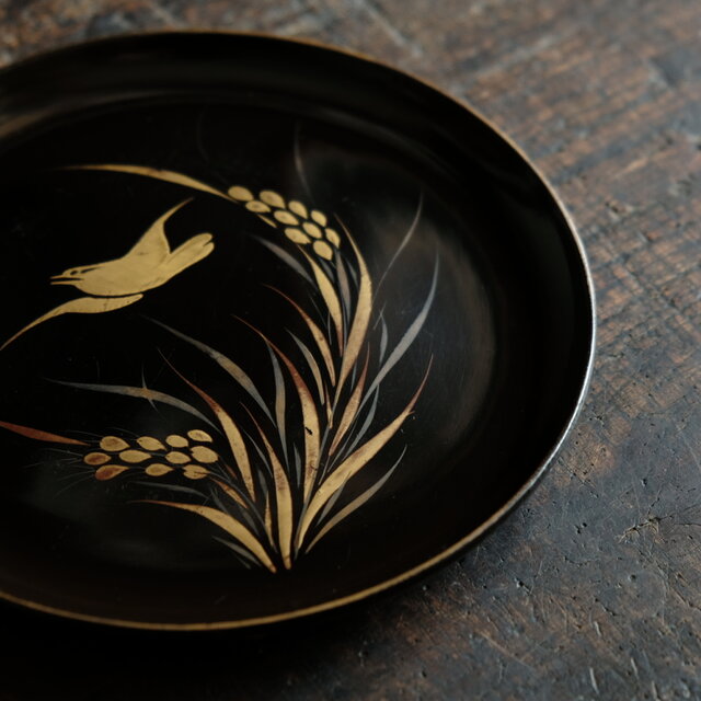 特価¥1500→¥950】鳥と稲穂◇味のあるお品物。時代物 漆芸蒔絵中皿